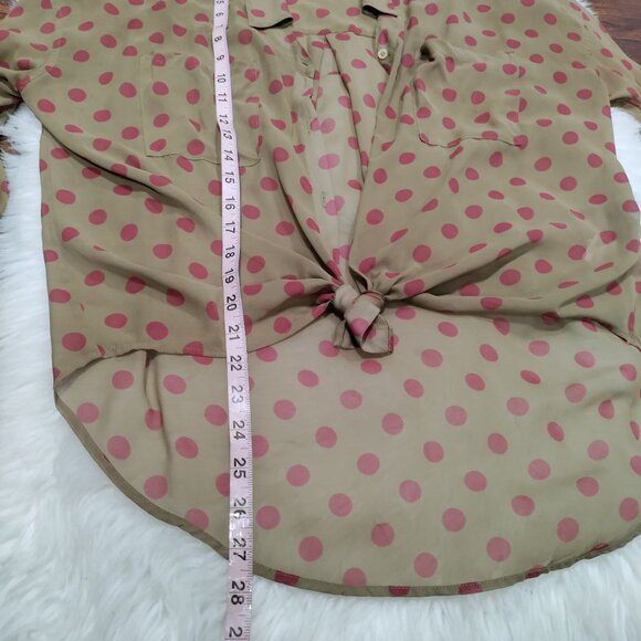 Free People Brown/Pink Polka Dot Button-Up Shirt High Low Hem Shirt Size Medium - Picture 11 of 11